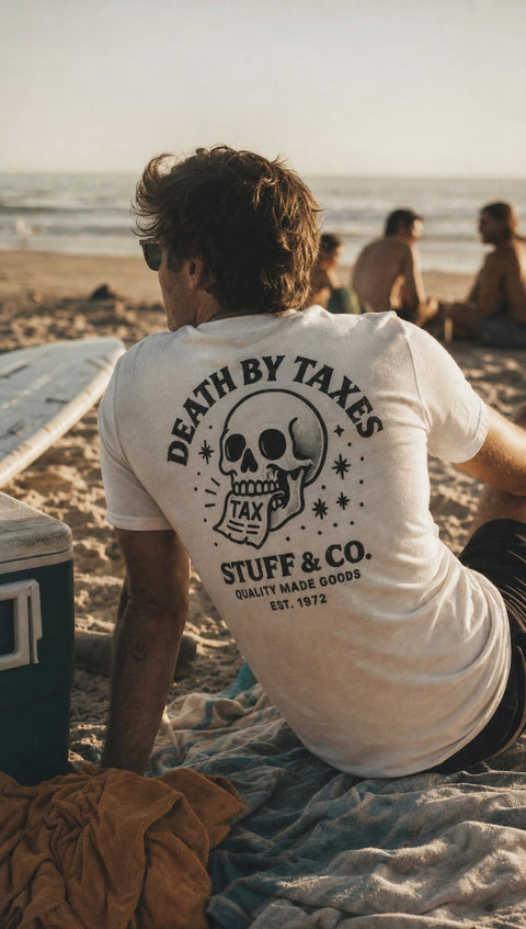 Death by Taxes tee worn — Stuff & Company