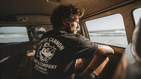 Stuff & Company Loose Cannon tee, surf van at the beach