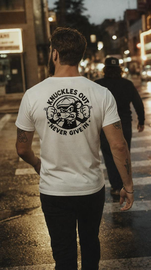 Knuckles Out tee worn, back graphic — Stuff & Company