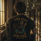 Live Fast Stay Kind tee worn, back graphic — Stuff & Company