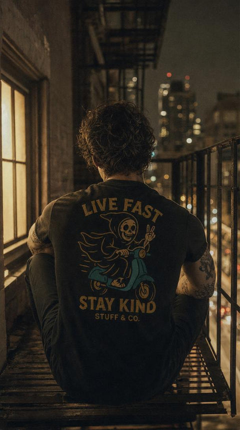 Live Fast Stay Kind tee worn, back graphic — Stuff & Company