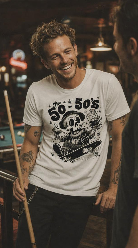 The 50-50's tee worn, front graphic — Stuff & Company