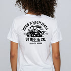 Hugs & High Fives tee, female back graphic
