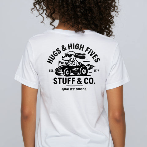 Hugs & High Fives tee, female back graphic