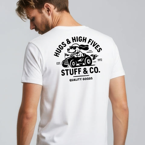 Hugs & High Fives tee, male back graphic