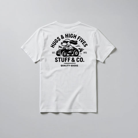 Hugs & High Fives tee, back flat-lay
