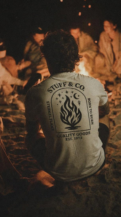 Born to Burn tee worn, back graphic — Stuff & Company