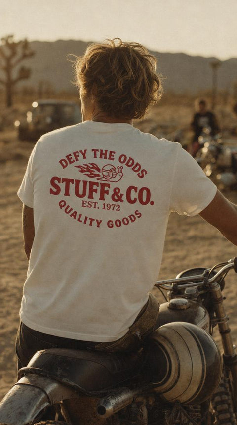 Defy the Odds tee worn, back graphic — Stuff & Company