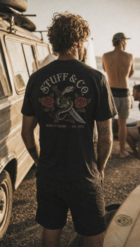 Snake & Dagger tee worn, back graphic — Stuff & Company