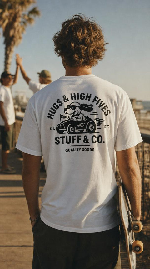Hugs & High Fives tee worn, back graphic — Stuff & Company
