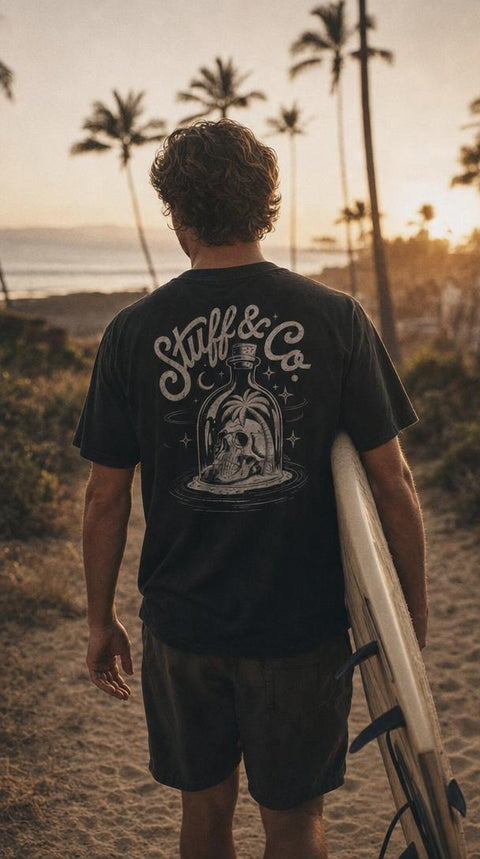 Skull & Palm tee worn, back graphic — Stuff & Company